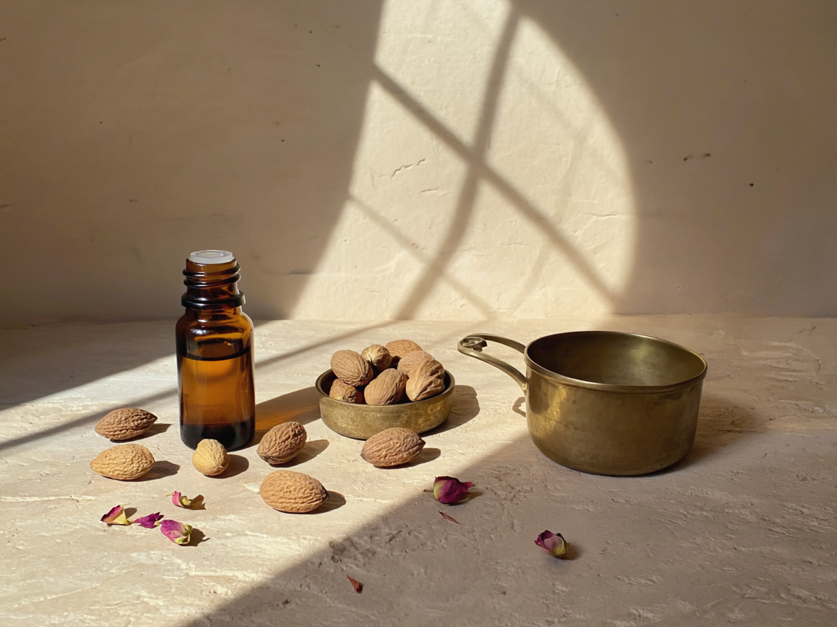 Visuel d’inspiration — Flacon d'huile ambre, amandes d'argan dans un bol en laiton et petales de rose seches sous une lumiere rasante.