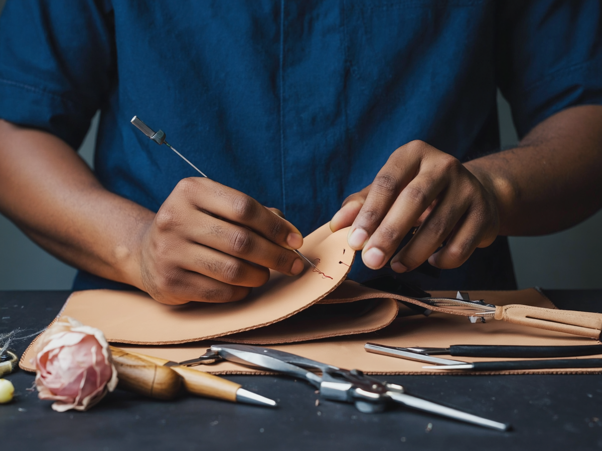 Visuel d’inspiration — Mains d'artisan cousant une piece de cuir naturel, outils de maroquinerie poses sur l'etabli.