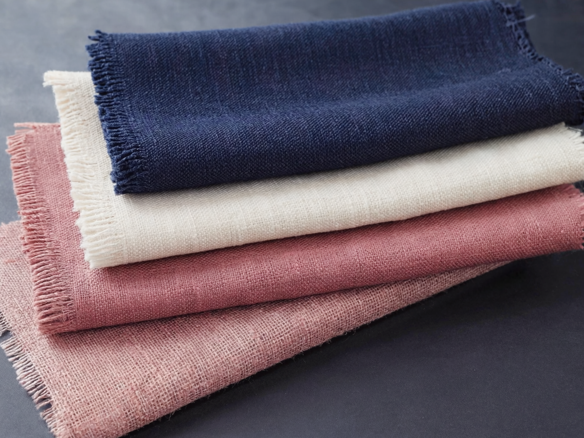Visuel d’inspiration — Quatre tissus tisses empiles — bleu nuit, ecru, rose fonce et rose poudre — aux bords franges.